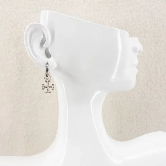 Tory Burch Kira Logo Drop Huggie Hoop Earrings Silver OS - Picture 3 of 7